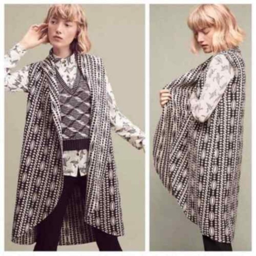 Anthropologie MOTH Jacquard Cardigan Long Duster Vest Wool Blend sz M/L